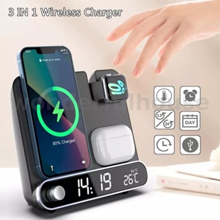 3 In 1 Digital Alarm Clock 15W Wireless Charger for Phone Earphone Watch Real-Time Temperature Display