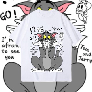 Just Do It ® เสื้อยืด รุ่น Tom and Jerry ไตล์สตรีท สีดำ-ขาว แขนสั้น สำหรับผู้ชายและผู้หญิง ทำจากผ้าคอตตอน 100% จัดส่งเร็