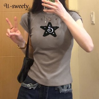 U-sweety เสื้อยืดลําลอง คอกลม แขนสั้น ผ้าถัก เข้ารูป สีพื้น สําหรับสตรี 2023