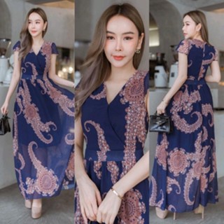 เดรสยาวผ้าชีฟอง สีกรม ชุดใส่ออกงาน ชุดใส่เที่ยว (S) #C177