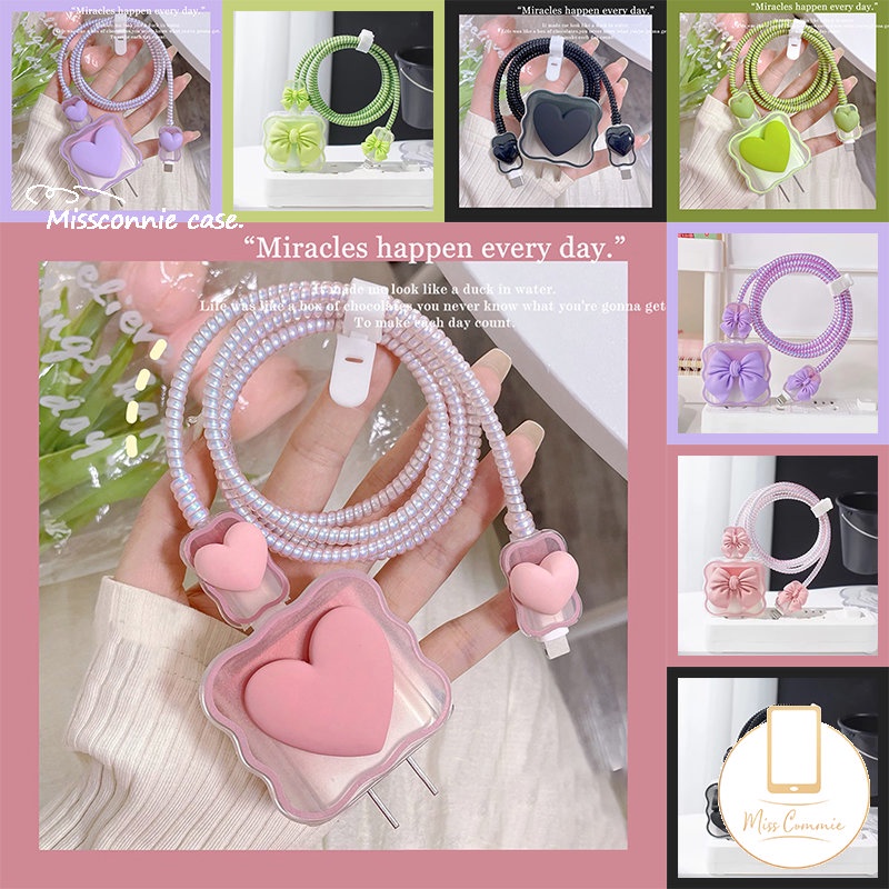5 In 1 ชุดปลอกสายเคเบิลอะแดปเตอร์ชาร์จ ขอบหยัก ลายโบว์ หมี สตรอเบอร์รี่ ทอยสตอรี่ น่ารัก สําหรับ Apple 18 20W