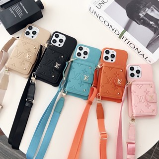 เคสโทรศัพท์มือถือหนัง ฝาพับ พร้อมช่องใส่บัตร และสายคล้อง สําหรับ iPhone 14 13 12 Pro Max iPhone 13 Pro Max