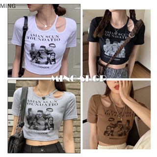 Ming American Retro เสื้อยืดลําลอง คอกลม แขนสั้น เข้ารูป พิมพ์ลาย สไตล์เรโทร สําหรับผู้หญิง TH