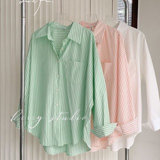เสื้อเชิ้ตแขนยาว แบบบาง ทรงหลวม ลายทาง สีเขียว สําหรับผู้หญิง