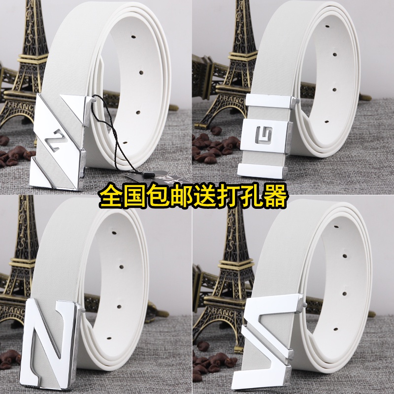 เข็มขัดลําลอง หัวเข็มขัดเรียบ ลายตัวอักษร สีขาว สไตล์เกาหลี สําหรับผู้ชาย
