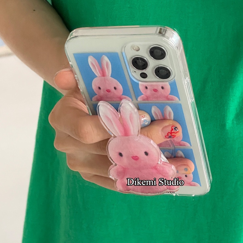 เกาหลี ins กระต่ายสีชมพูน่ารักเคสซิลิโคนอ่อนนุ่มพร้อมที่วางโทรศัพท์สําหรับ iphone16/15promax/14/13promax/14pro/13/12/11/15pro เคสป้องกันโปร่งใส