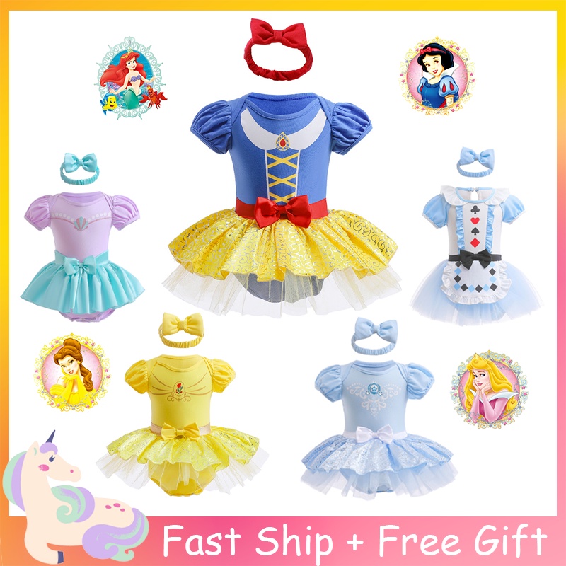 ชุดจั๊มสูทเจ้าหญิงดิสนีย์ เอลซ่า Frozen Snow White Ariel Mermaid Belle Alice สําหรับเด็กทารกผู้หญิง