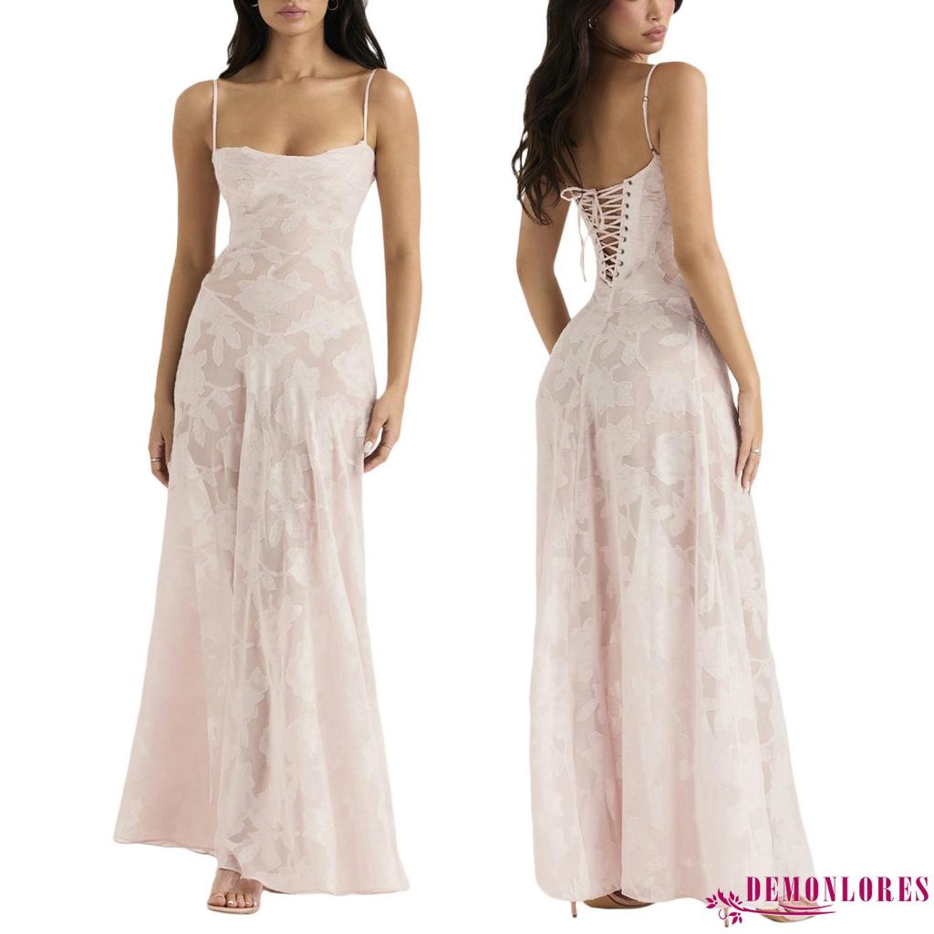 Demonlores-ผู้หญิงดอกไม้ลูกไม้sleeveelssสลิงbacklessชุดฤดูร้อนสปาเก็ตตี้ชุดยาวชุดวันหยุด
