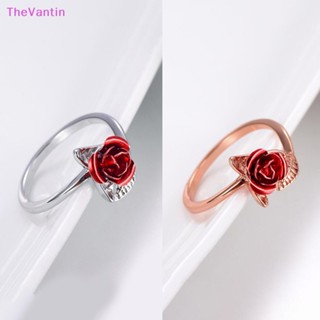 Thevantin แหวนหมั้น รูปดอกกุหลาบ สีแดง ปรับได้ เครื่องประดับแฟชั่น สําหรับผู้หญิง