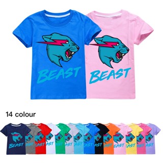 เสื้อยืดแขนสั้นลําลอง พิมพ์ลายการ์ตูน Mr Wolf Beast Lightning Cat แฟชั่นฤดูร้อน สําหรับเด็กผู้ชาย