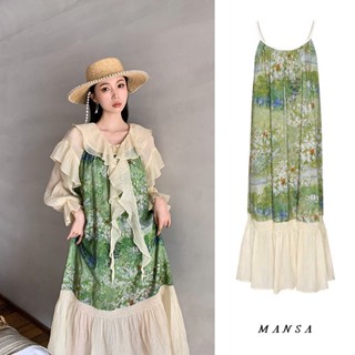 MANSA green flower sling dress+ruffle shirt เดรสสายเดี่ยว+เสื้อโอเวอร์ไซส์ เดรสผู้หญิง