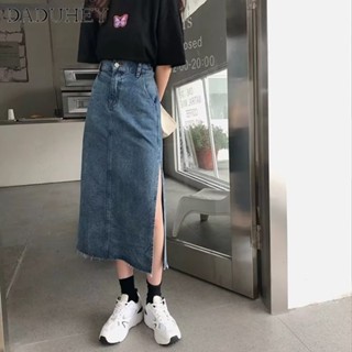 DaDuHey🎈 New Korean Style Ins Retro Slit Denim Skirt Niche High Waist A- line Skirt Large Size Bag Hip Skirt