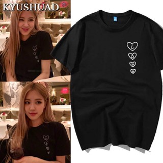 KYUSHUAD blackpink Park Caiying กุหลาบกับเสื้อยืดแขนสั้นสีดำรักเดียวกัน, เสื้อครึ่งแขนหลวม,