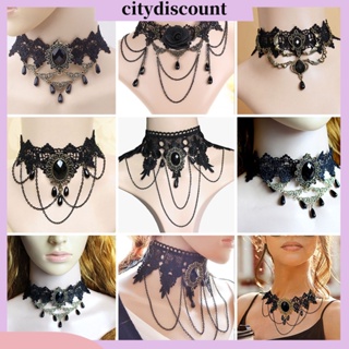 &lt;citydiscount&gt; สร้อยคอโช้กเกอร์ ประดับพู่คริสตัลเทียม สีดํา สไตล์พังก์ โกธิค วินเทจ เครื่องประดับ สําหรับผู้หญิง