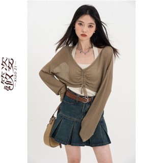 Xiaozi เสื้อเบลาส์แขนกุด ตัวสั้น สองชิ้น สไตล์เกาหลี แฟชั่นฤดูใบไม้ผลิ สําหรับผู้หญิง