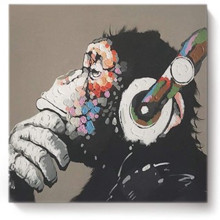 ภาพวาดศิลปะบนผ้าใบ รูป Ape Listening Music พร้อมหูฟัง สําหรับตกแต่งบ้าน ออฟฟิศ