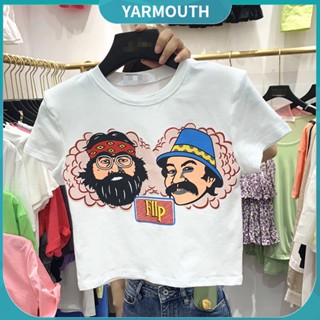 Yyr-- เสื้อครอปท็อป คอกลม แขนสั้น พิมพ์ลายการ์ตูนตัวอักษร ลําลอง สําหรับผู้หญิง