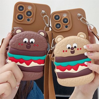 3D กันกระแทก สําหรับ iPhone 14 Pro Max 13 12 Mini 11 X XS XR i7 i8 i6s i6s plus SE 2020 SE3 เคสมือถือ Soft TPU Case เคสป้องกัน Cute Cartoon Hamburger Bear Coin Purse เปลือกซิลิคอน ป้องกันการตก มีเชือกแขวนอยู่