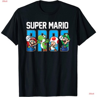 เสื้อยืดโอเวอร์ไซส์เสื้อยืดลำลอง Super Mario Bros Characters Letter Fill Graphic T-Shirt แขนสั้นผ้าฝ้าย