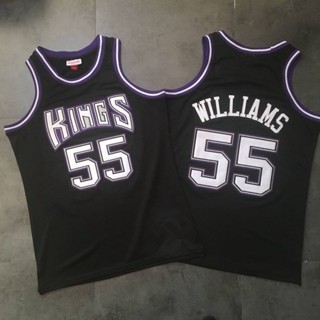 เสื้อกีฬาแขนสั้น ผ้าตาข่าย ปักลาย NBA Kings Williams สีขาว สีดํา สไตล์เรโทร 878373