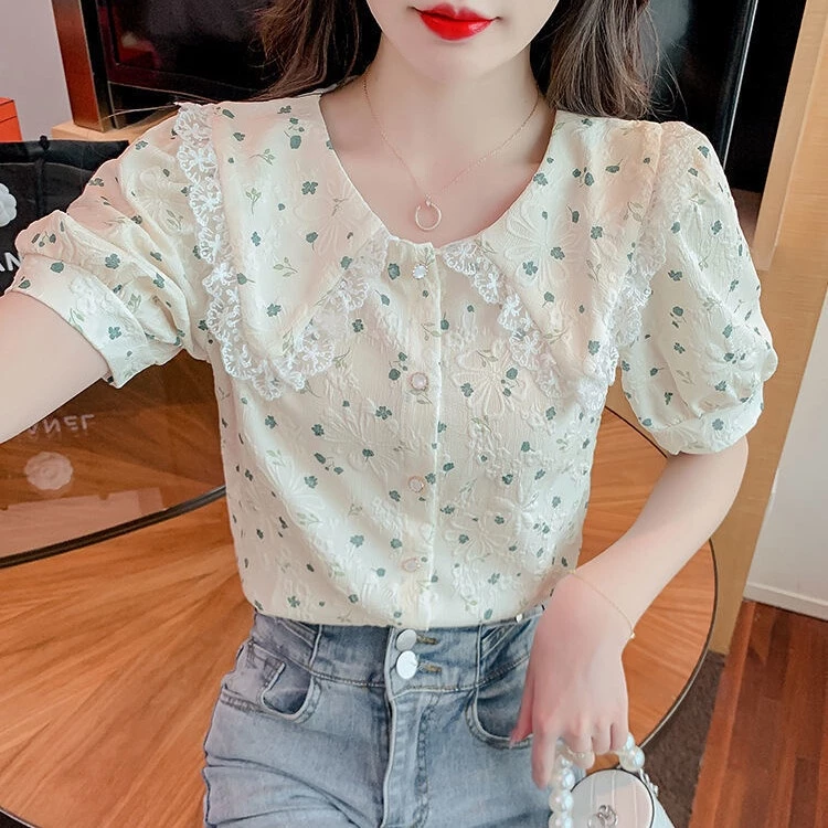 เสื้อลายดอกไม้สไตล์เกาหลีแขนสั้นผ้าชีฟอง thumbnail 8