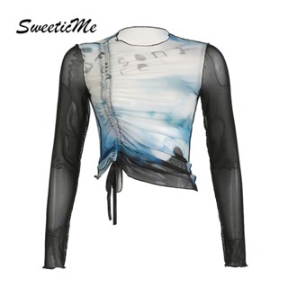 Sweeticme เสื้อยืดคอกลม แขนยาว ผ้าตาข่าย สีตัดกัน แฟชั่นใหม่ สําหรับผู้หญิง 2023