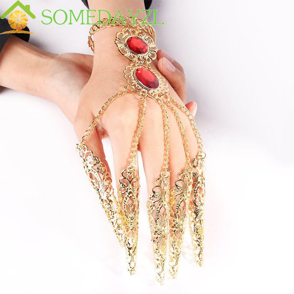 Somedayzl สร้อยข้อมือนิ้ว สีทอง แวววาว สไตล์โบราณ กลวง อัญมณีสีแดง แหวนอัญมณีไทย สีฟ้า อินเดีย
