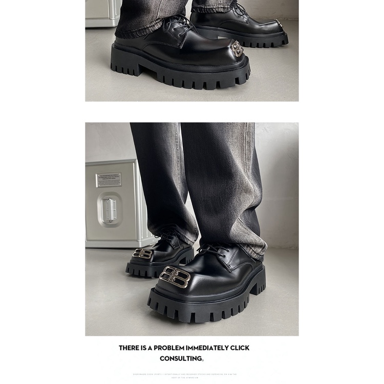 Paris Commuter Derby รองเท้าหนังแท้หัวเข็มขัดโลหะเฉพาะกลุ่มรองเท้าหนังสแควร์แบบสบาย ๆ สำหรับผู้ชายหัวใหญ่รองเท้าสไตล์เกาหลี