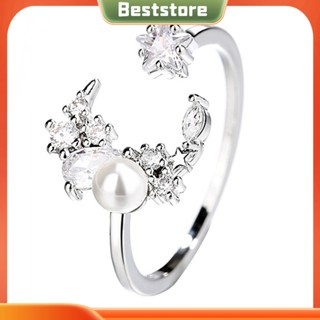 Beststore|  แหวน ประดับเพทาย ไข่มุกเทียม รูปดวงจันทร์ ดาว ปรับได้ เครื่องประดับ สําหรับผู้หญิง