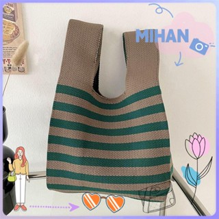 MH Knitted Handbag Women Girls Reusable Handmade Striped Tote Bag