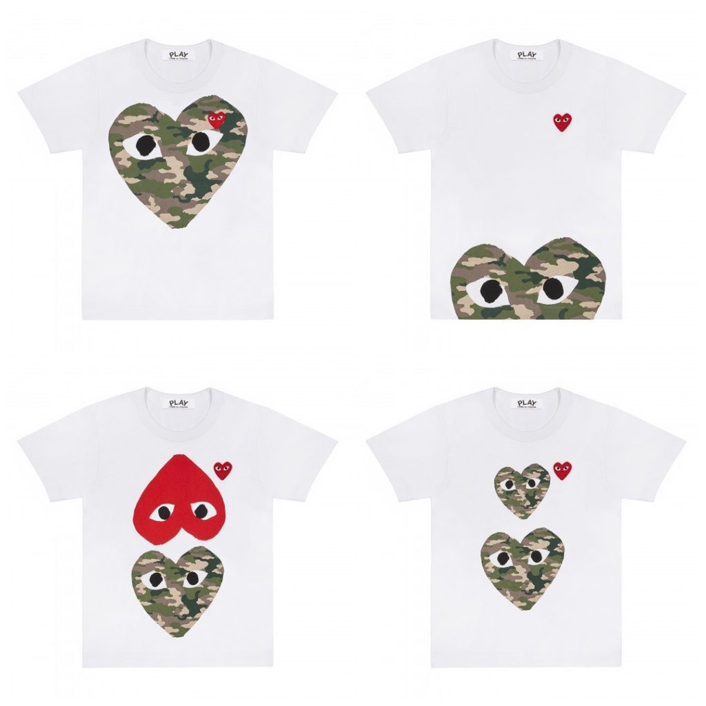 เสื้อยืดผ้าฝ้าย 100%เสื้อยืดแขนสั้นสีขาวลายทหารหัวใจ Play COMME des GARCONS 2018S-3XL