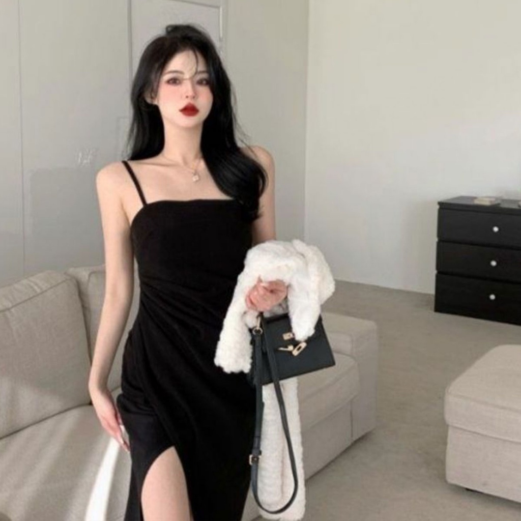 ชุดเดรสสายเดี่ยวผ่าหน้า เซ็กซี่เบาๆ ทรงสวย คอเหลี่ยมเเขนกุด สีพื้นๆ - รูปที่ 3