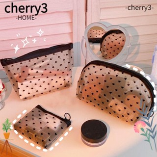 Cherry3 กระเป๋าเครื่องสําอาง กระเป๋าตาข่ายใส มีซิป ขนาดใหญ่ จุของได้เยอะ ลายหัวใจ สีดํา