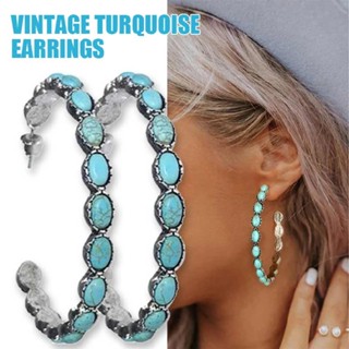 New Geometric Big Circle Inlaid Turquoise Earrings Earstuds Vintage Earrings