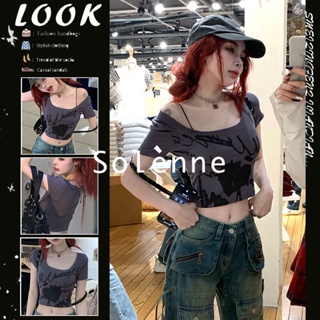 Solenne  เสื้อครอป เสื้อยืดผู้หญิง ครอป baby tee สาวเรโทร 2023 NEW Style Beautiful สวยงาม Chic สไตล์เกาหลี A99J319 36Z230909