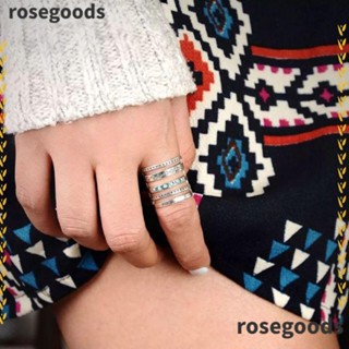 Rosegoods1 แหวนแกะสลัก ลายฉลุ ประดับเทอร์ควอยซ์ หรูหรา สไตล์โบฮีเมียน สีเงินสเตอร์ลิง 2 ชิ้น