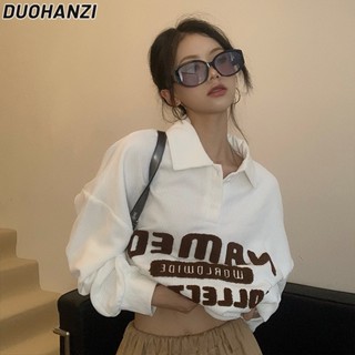 Duohanzi เสื้อกันหนาว คอปกโปโล ปักลายภาษาอังกฤษ สไตล์วินเทจ