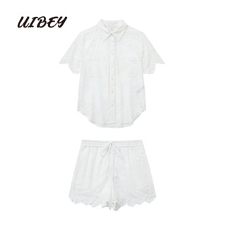 Uibey เสื้อเชิ้ต คอปก ปักลายลูกไม้ พร้อมกางเกงขาสั้น 8704