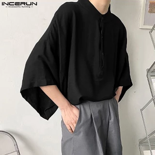 Incerun เสื้อเชิ้ตแขนสั้น คอปก ทรงหลวม สีพื้น สไตล์เกาหลี สําหรับผู้ชาย