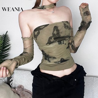 Weania เสื้อครอปท็อป แขนยาว เปิดไหล่ สไตล์สตรีท แฟชั่นสําหรับผู้หญิง