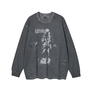 Fashion Nirvana เสื้อยืดลําลอง ผ้าฝ้าย แขนยาว คอกลม พิมพ์ลายตัวอักษรเบลอ สไตล์สปอร์ต แฟชั่นสําหรับผู้ชาย และผู้หญิง