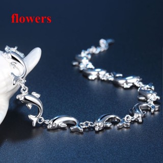 Flowers สร้อยข้อมือเงินสเตอร์ลิง 925 จี้รูปปลาโลมา เครื่องประดับ