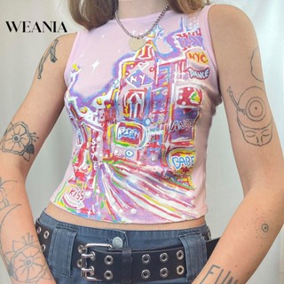 Weania เสื้อกล้าม คอกลม แขนกุด พิมพ์ลายการ์ตูน สีชมพู สําหรับผู้หญิง