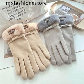 Mxfashione ถุงมือ ผ้ากํามะหยี่ แบบเต็มนิ้ว ประดับโบว์ สไตล์เยอรมัน แฟชั่นฤดูใบไม้ร่วง ฤดูหนาว สําหรับผู้หญิง