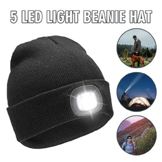 Unisex Winter Knitted Beanie Hat 5LED Light Outdoor USB Rechargeable Head Lamp