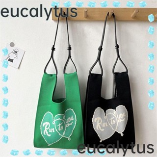 Eucalytus1 กระเป๋าถือ ผ้าถัก พิมพ์ลายหัวใจ แฮนด์เมด สําหรับผู้หญิง