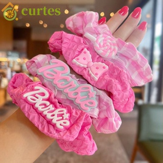 Curtes ยางรัดผม ตุ๊กตาบาร์บี้ ตัวอักษร สีชมพู โบว์ เรียบง่าย การ์ตูน Scrunchies สําหรับเด็ก