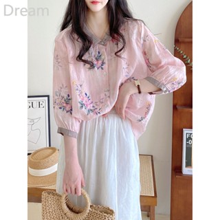 Printed shirt summer loose artistic temperament color matching lapel a-shaped floral cropped sleeve top