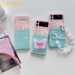 Wenwen เคสโทรศัพท์มือถือแฟชั่น ลายผีเสื้อ สีชมพู สีเขียว พร้อมสร้อยข้อมือ สีฟ้า สําหรับ Samsung Z Flip4 Z Flip3