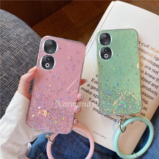 ใหม่ เคสโทรศัพท์มือถือ ซิลิคอน TPU นิ่ม ใส กันกระแทก ปิดด้านหลัง แต่งกลิตเตอร์ฟอยล์สีทอง แฟชั่น พร้อมสายรัดข้อมือ สําหรับ Honor 90 Honor 90 70 Lite 5G 2023